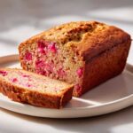 A golden brown Rhubarb Bread loaf with a slice cut off, revealing bright pink rhubarb pieces inside.