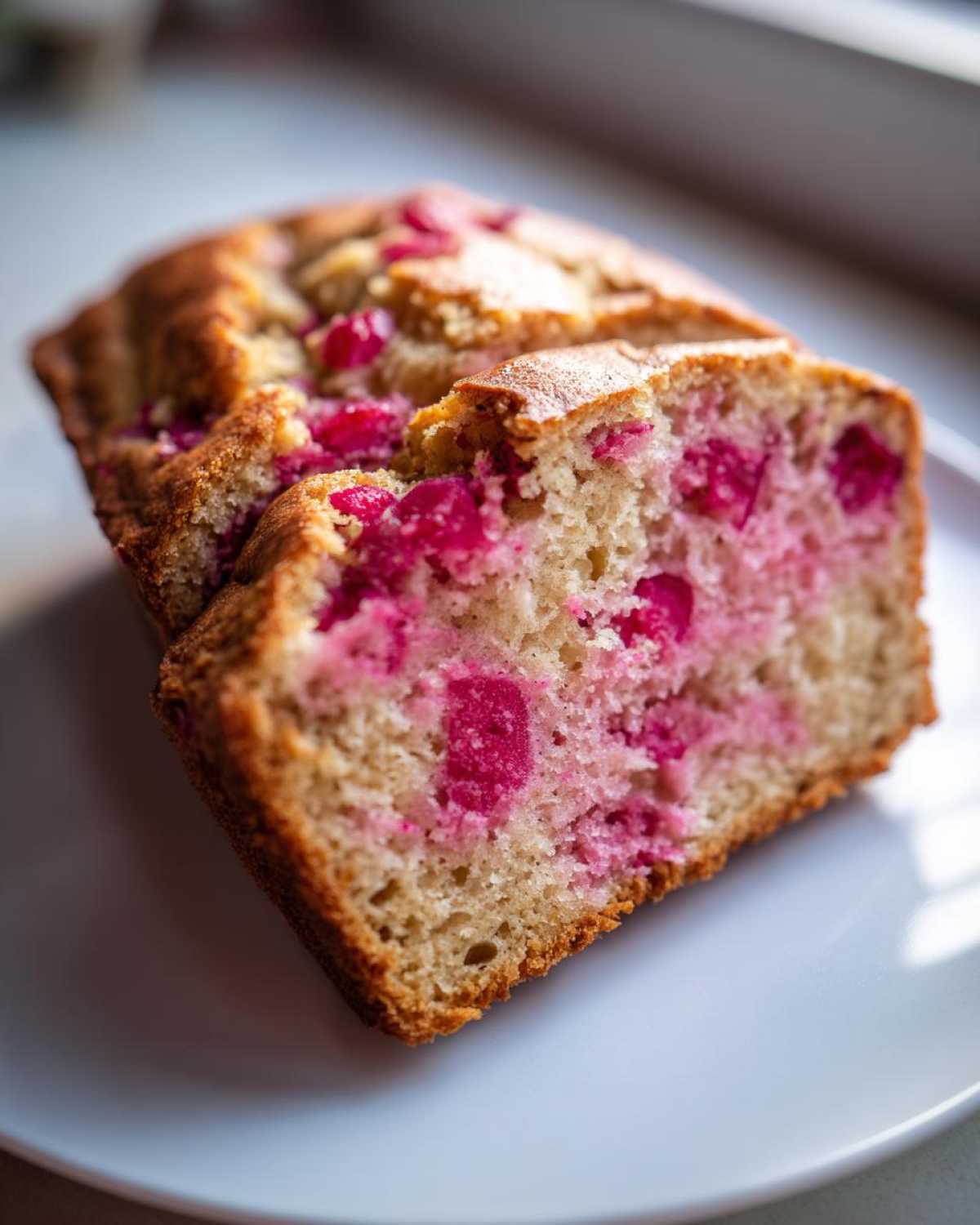 Close-up of a moist slice of Rhubarb Bread showing bright pink rhubarb pieces baked into the golden loaf.