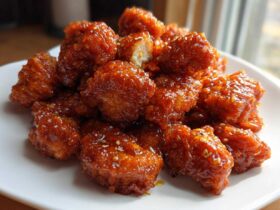 A close-up of crispy Orange Chicken Bites coated in a shiny, sticky orange glaze and sprinkled with sesame seeds.