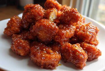 A close-up of crispy Orange Chicken Bites coated in a shiny, sticky orange glaze and sprinkled with sesame seeds.
