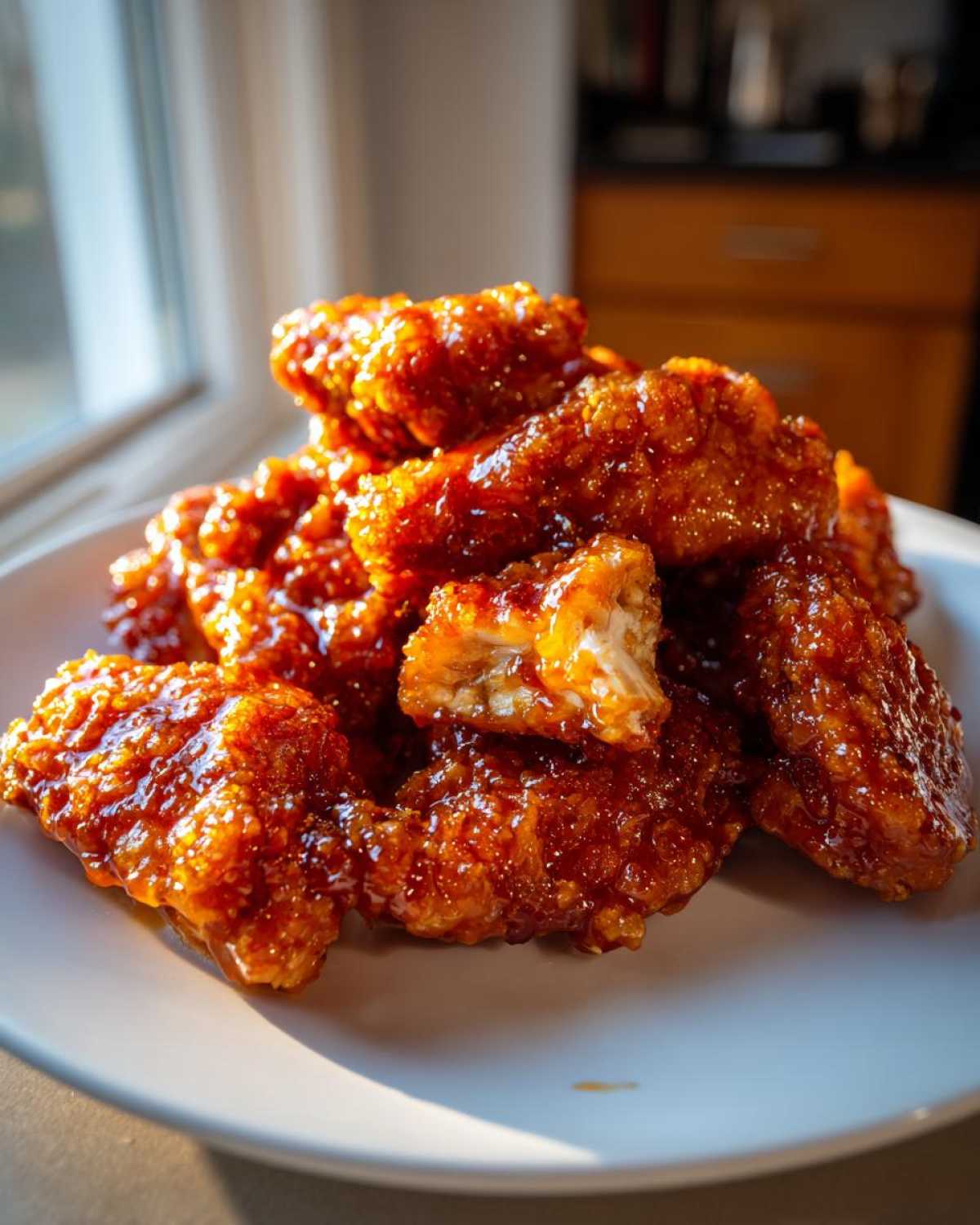 A pile of shiny, glazed Orange Chicken Bites stacked on a white plate, with one piece broken open showing the white meat.