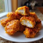 A pile of crispy, glazed Orange Chicken Bites served on a white plate, one bite is broken open showing the white chicken meat.