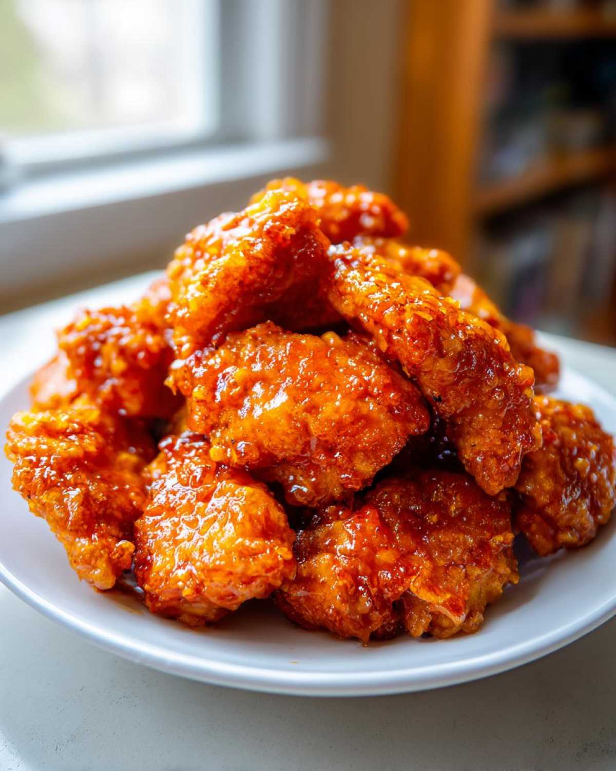 A close-up of a generous serving of crispy, glazed Orange Chicken Bites piled high on a white plate.