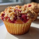 A close-up, sunlit photo of a freshly baked Raspberry Streusel Muffins featuring a golden crumb topping and bright red raspberries.