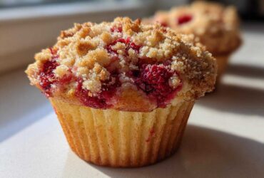 A close-up, sunlit photo of a freshly baked Raspberry Streusel Muffins featuring a golden crumb topping and bright red raspberries.