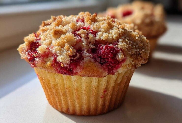 A close-up, sunlit photo of a freshly baked Raspberry Streusel Muffins featuring a golden crumb topping and bright red raspberries.