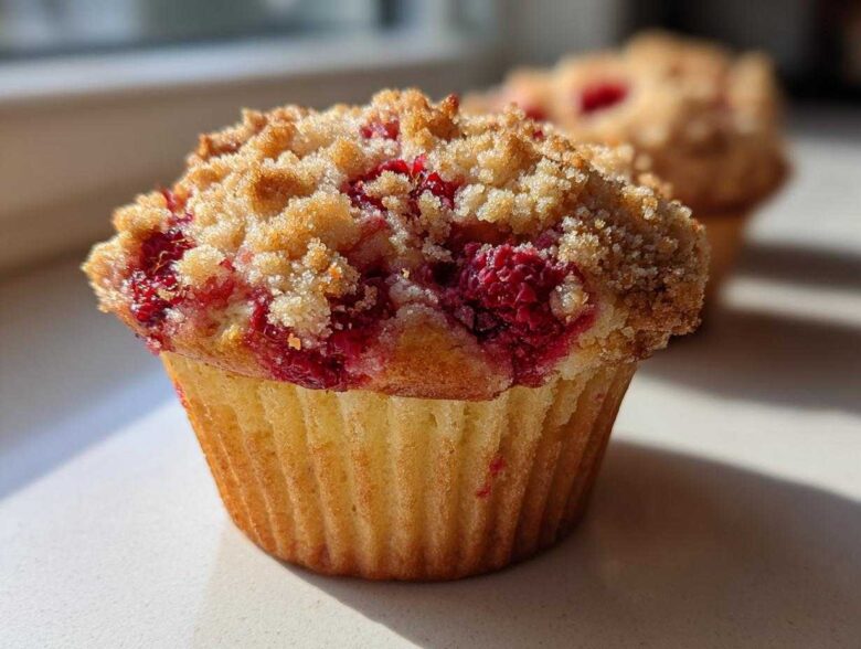 A close-up, sunlit photo of a freshly baked Raspberry Streusel Muffins featuring a golden crumb topping and bright red raspberries.