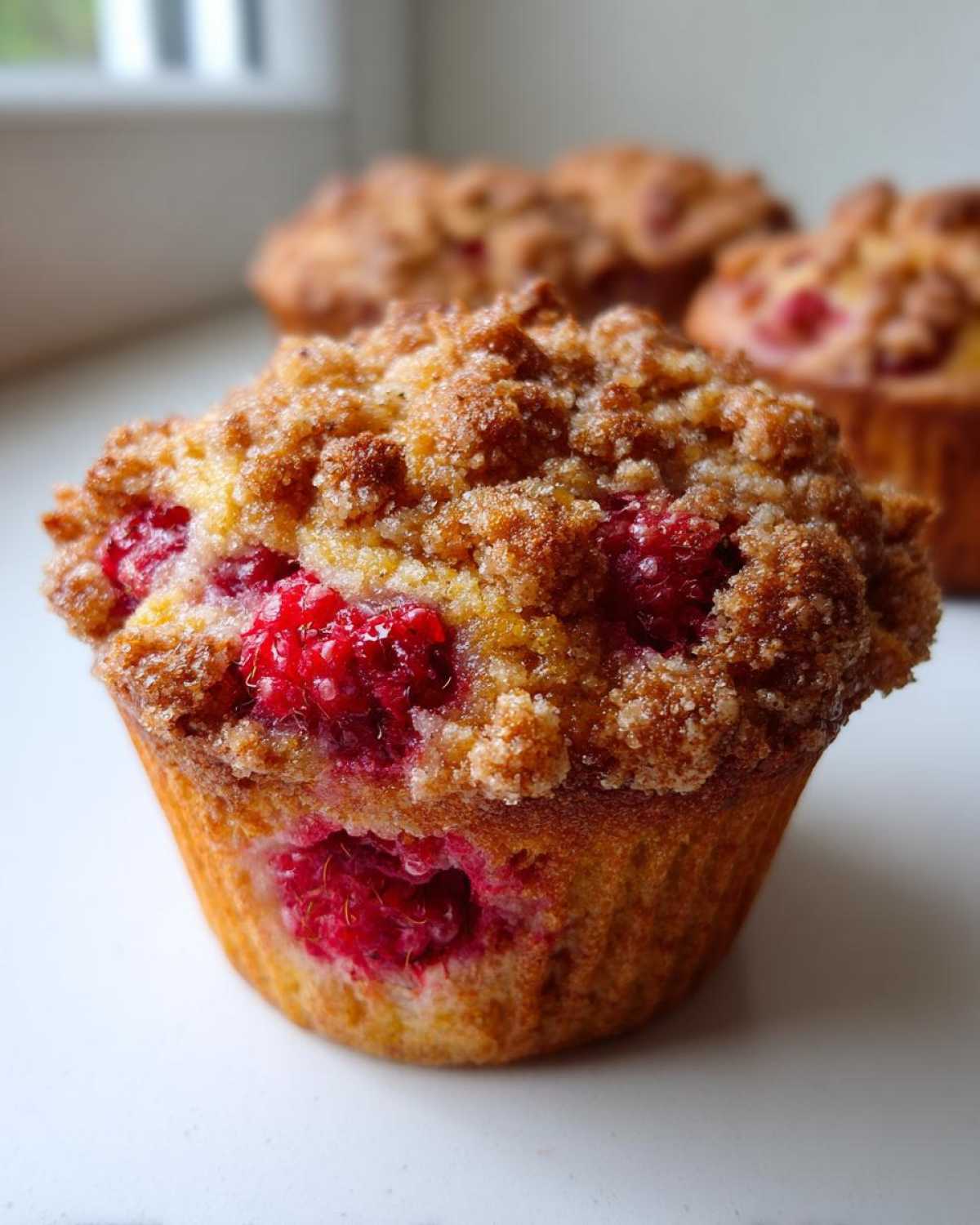 A close-up of a freshly baked Raspberry Streusel Muffin featuring bright red raspberries and a golden brown crumb topping.