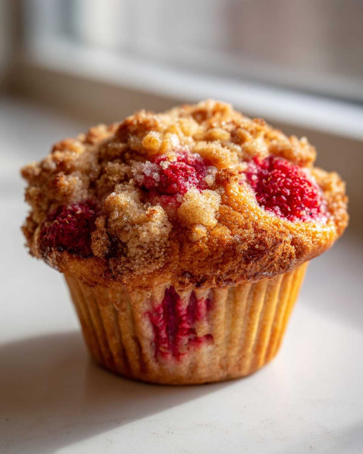 A close-up, sunlit photo of a single Raspberry Streusel Muffins featuring a golden-brown crumb topping and visible bright red raspberries.
