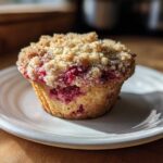 A single, golden Raspberry Streusel Muffins sits on a small white plate, featuring a thick, sugary crumb topping.