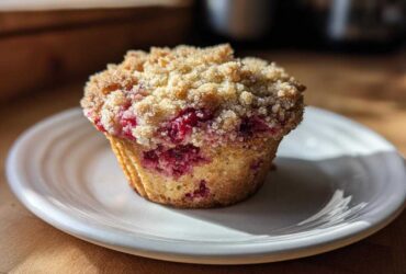 A single, golden Raspberry Streusel Muffins sits on a small white plate, featuring a thick, sugary crumb topping.