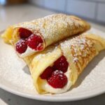 Two rolled Raspberry Vanilla Crepes with Creamy Filling, dusted with powdered sugar, served on a white plate.