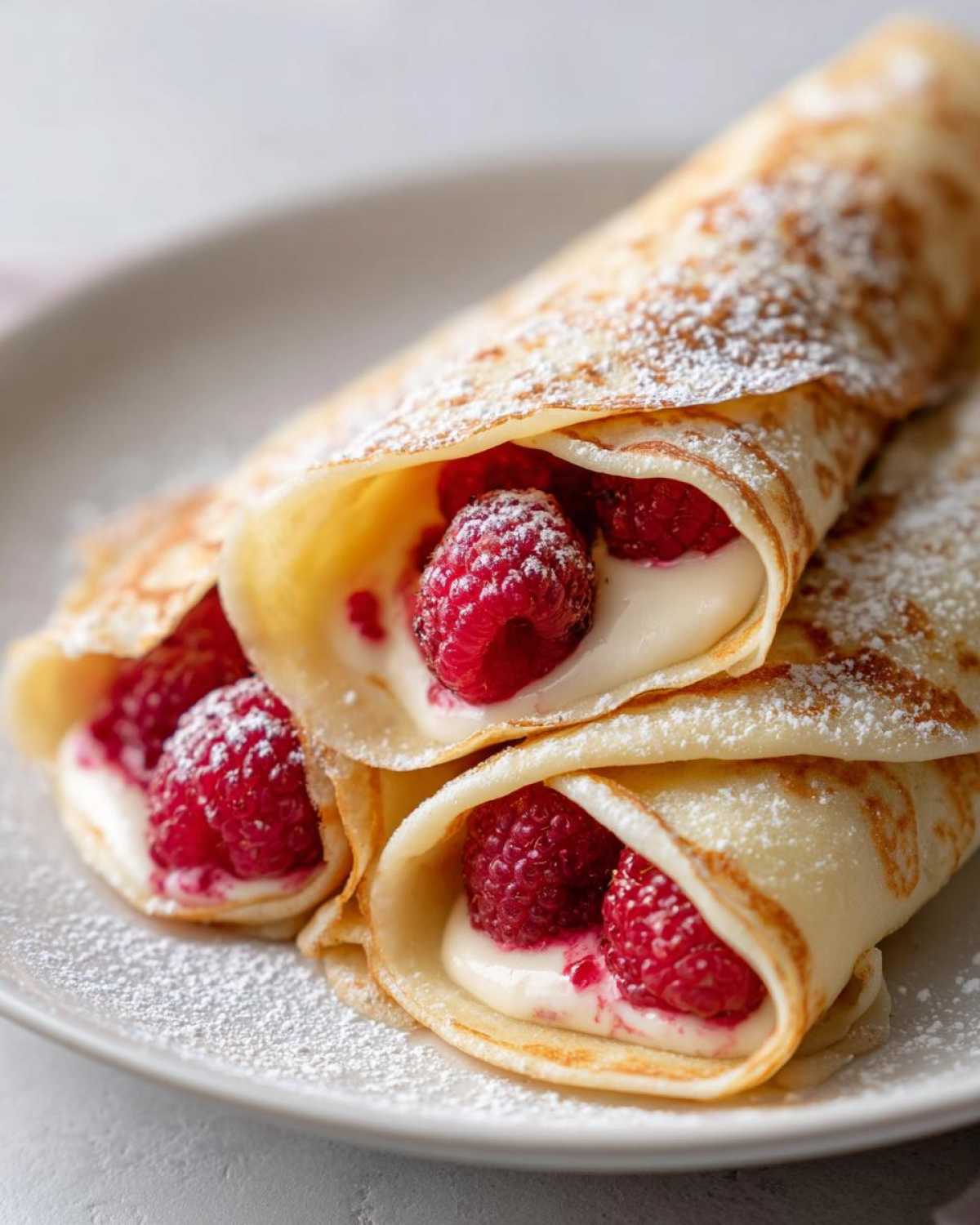 Close-up of rolled Raspberry Vanilla Crepes with Creamy Filling, dusted with powdered sugar.