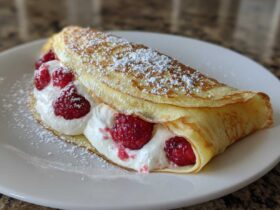 A single folded Raspberry Vanilla Crepes with Creamy Filling, topped with powdered sugar, served on a white plate.