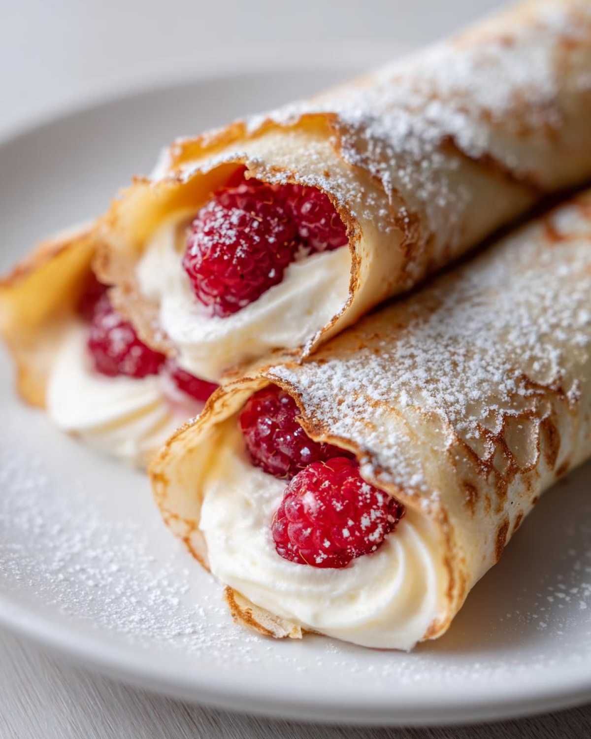 Close-up of two rolled Raspberry Vanilla Crepes with Creamy Filling, dusted with powdered sugar.