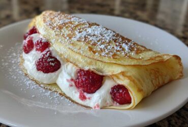A single folded Raspberry Vanilla Crepes with Creamy Filling, topped with powdered sugar, served on a white plate.