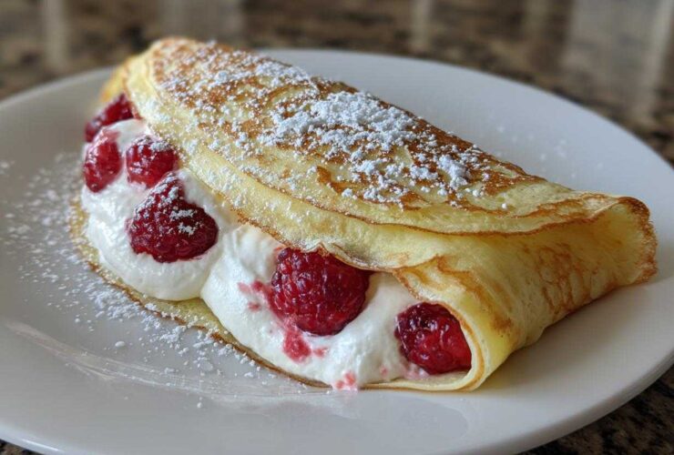 A single folded Raspberry Vanilla Crepes with Creamy Filling, topped with powdered sugar, served on a white plate.