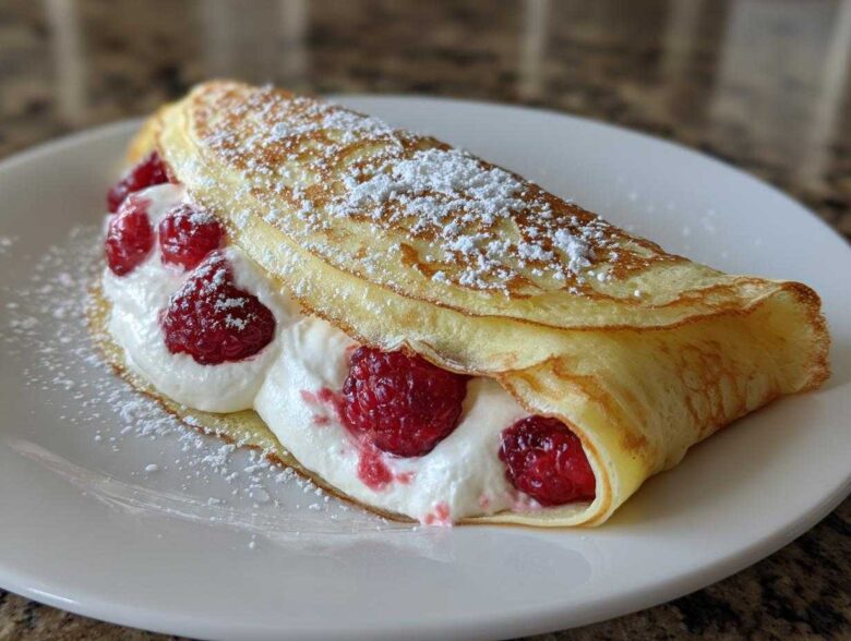 A single folded Raspberry Vanilla Crepes with Creamy Filling, topped with powdered sugar, served on a white plate.