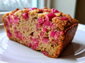Close-up of a slice of homemade Rhubarb Bread showing moist crumb and bright pink rhubarb pieces throughout.