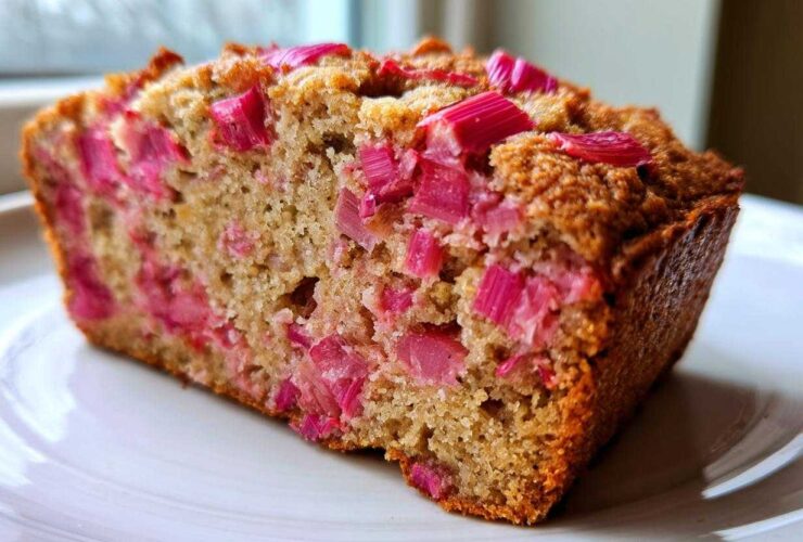 Close-up of a slice of homemade Rhubarb Bread showing moist crumb and bright pink rhubarb pieces throughout.