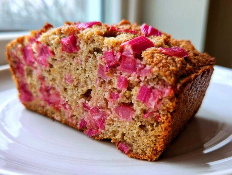 Close-up of a slice of homemade Rhubarb Bread showing moist crumb and bright pink rhubarb pieces throughout.