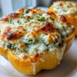 Close-up of a baked yellow bell pepper filled with creamy ricotta stuffing, topped with browned, melted cheese.