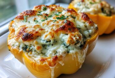 Close-up of a baked yellow bell pepper filled with creamy ricotta stuffing, topped with browned, melted cheese.