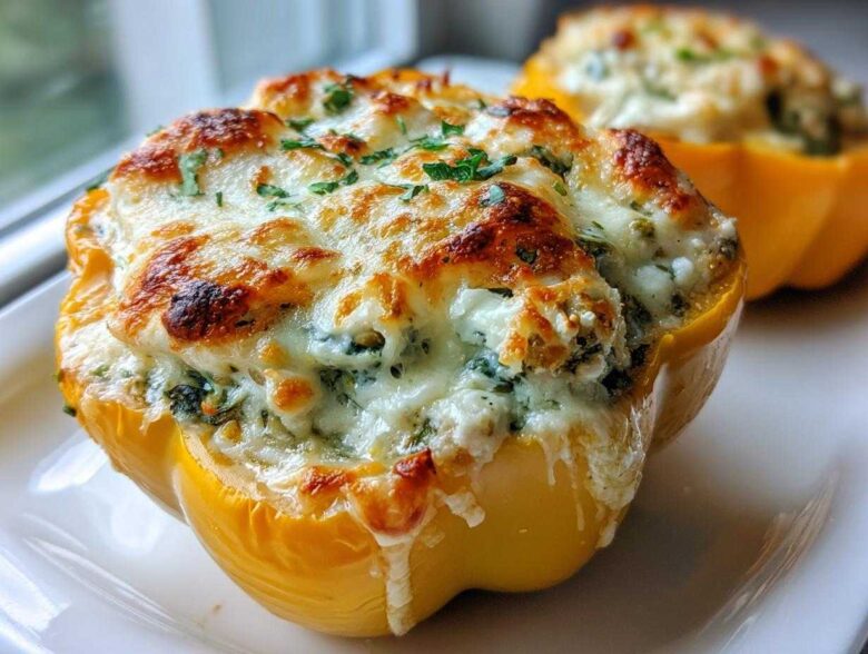 Close-up of a baked yellow bell pepper filled with creamy ricotta stuffing, topped with browned, melted cheese.