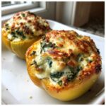 Two baked yellow bell peppers filled with creamy ricotta and spinach stuffing, topped with golden, bubbly cheese.