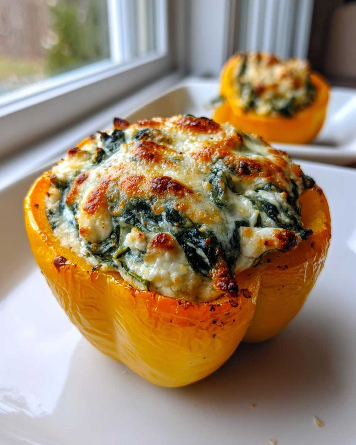 Close-up of a baked yellow bell pepper filled with creamy ricotta and spinach mixture, topped with browned, melted cheese, ready for eating.