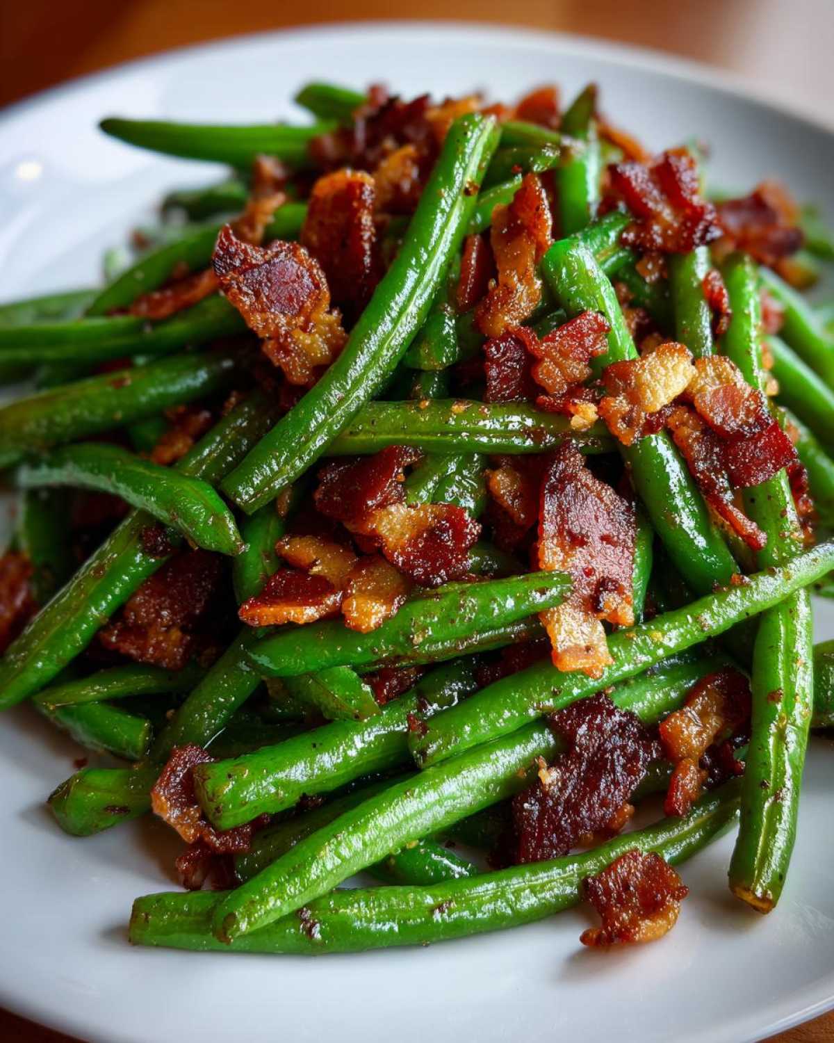 A close-up of vibrant Sautéed Green Beans with Crispy Bacon piled high on a white plate.