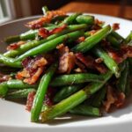 Vibrant green beans tossed with pieces of crispy bacon served on a white plate.