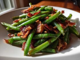 Vibrant green beans tossed with pieces of crispy bacon served on a white plate.