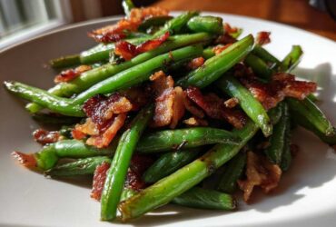 Vibrant green beans tossed with pieces of crispy bacon served on a white plate.