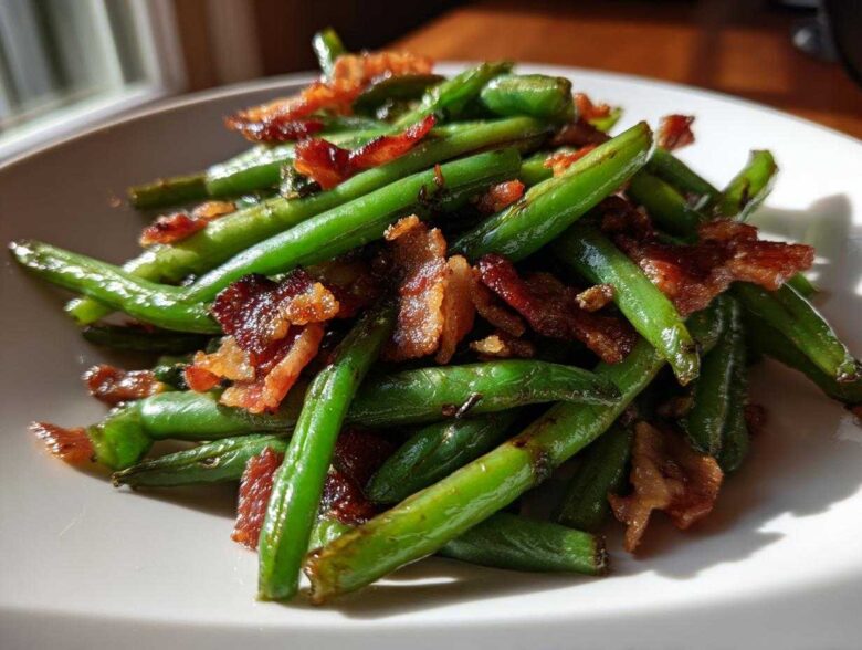 Vibrant green beans tossed with pieces of crispy bacon served on a white plate.