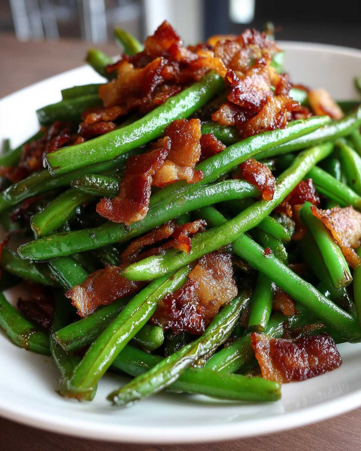 A close-up of bright green Sautéed Green Beans with Crispy Bacon piled high on a white plate.