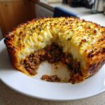 A deep-dish Shepherds Pie with a portion removed, showing the rich meat filling and perfectly browned, textured mashed potato crust.