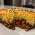 A close-up cross-section of a delicious Shepherds Pie showing the rich meat filling and golden, fluffy mashed potato topping.
