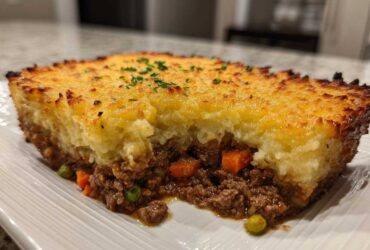 A close-up cross-section of a delicious Shepherds Pie showing the rich meat filling and golden, fluffy mashed potato topping.