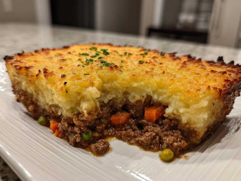A close-up cross-section of a delicious Shepherds Pie showing the rich meat filling and golden, fluffy mashed potato topping.