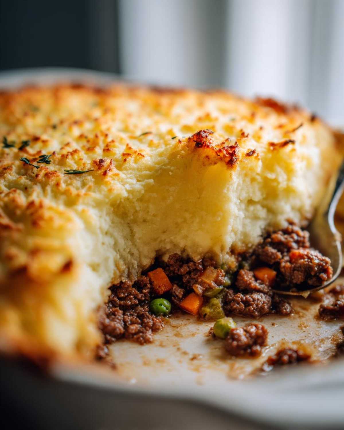 Close-up of a scoop taken out of a Shepherds Pie, showing the browned mashed potato topping and rich meat and vegetable filling.