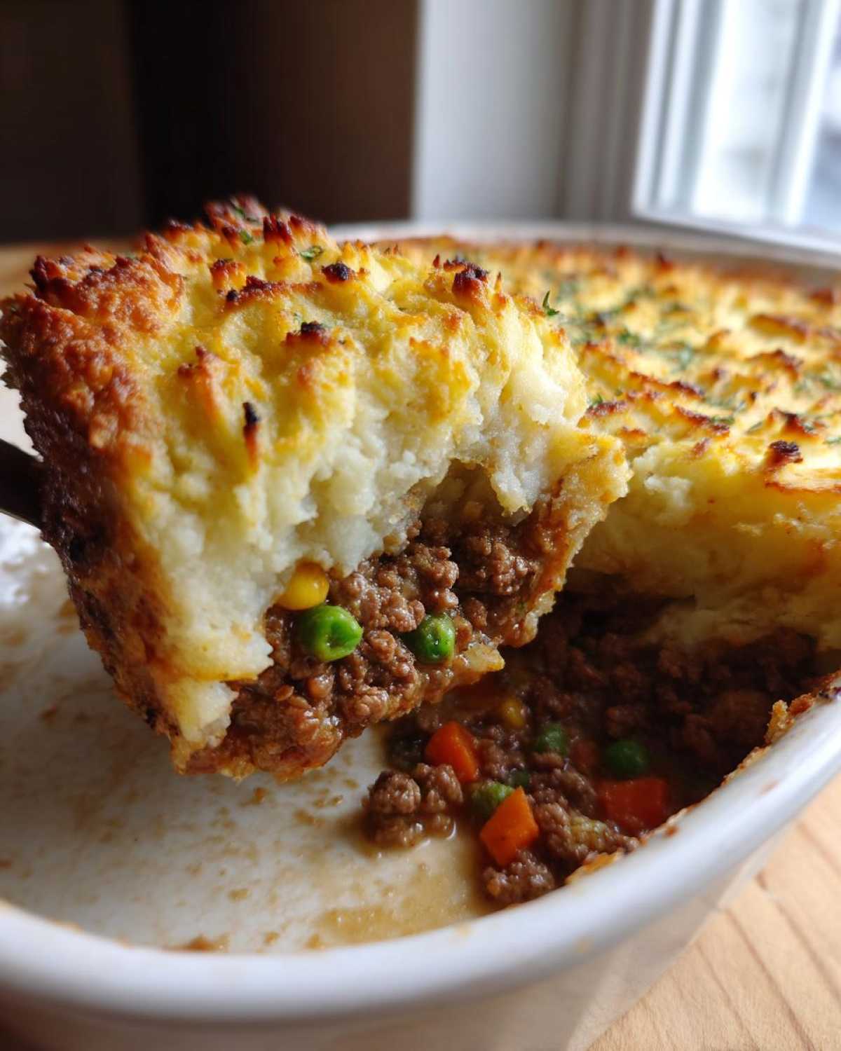 A serving spoon lifts a rich, golden-brown slice of Shepherds Pie, revealing the ground meat and vegetable filling below the mashed potato topping.