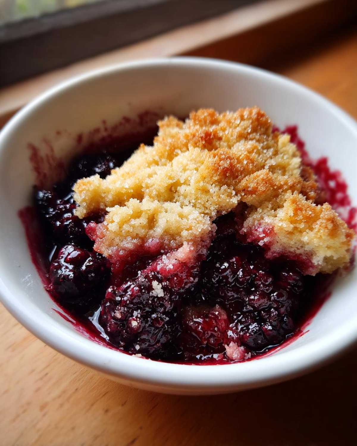 A close-up of a single serving of warm Blackberry Cobbler in a white bowl, showing juicy berries and a crumbly topping.