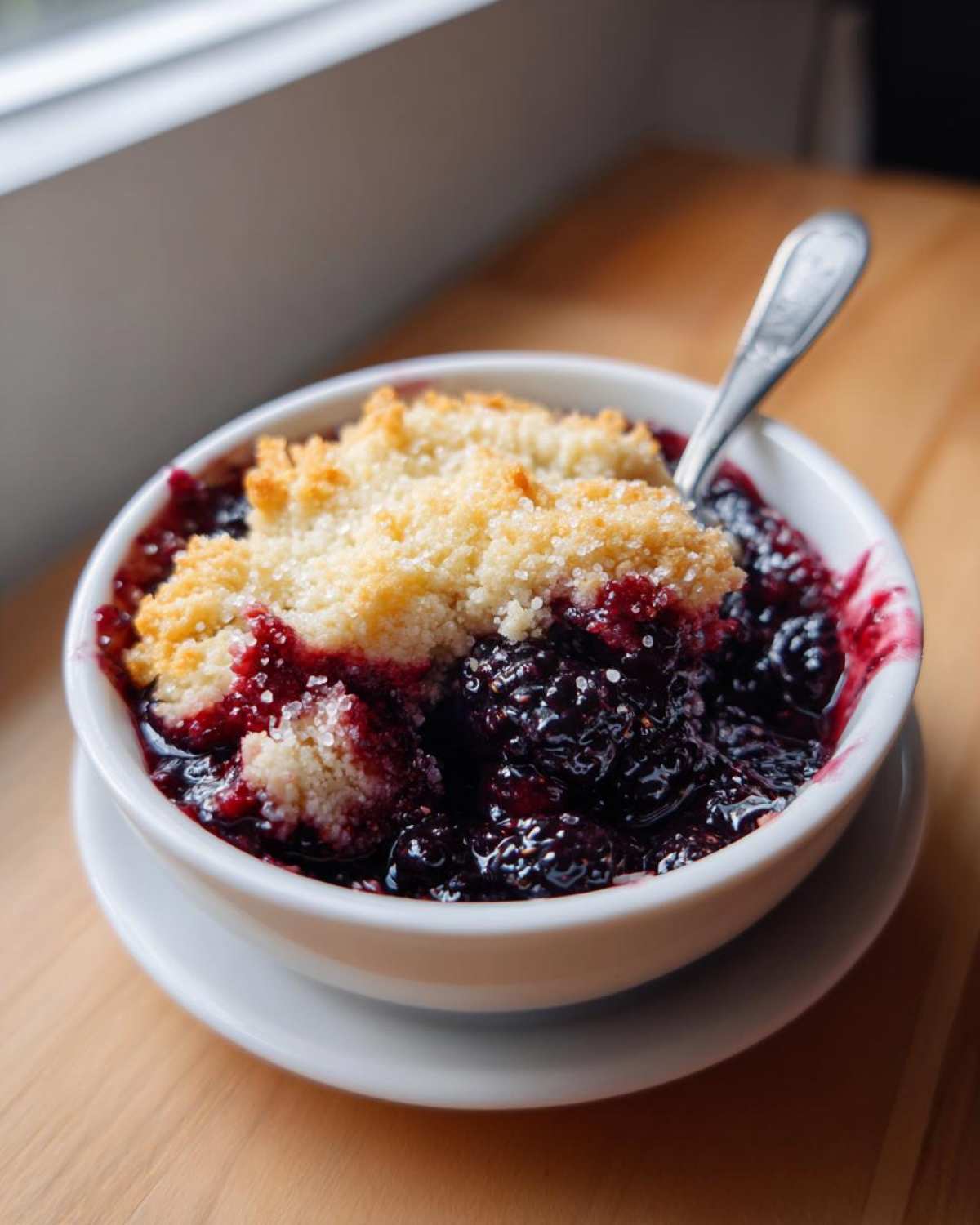 Close-up of a warm, single-serving Blackberry Cobbler in a white bowl, topped with sugary crumble.