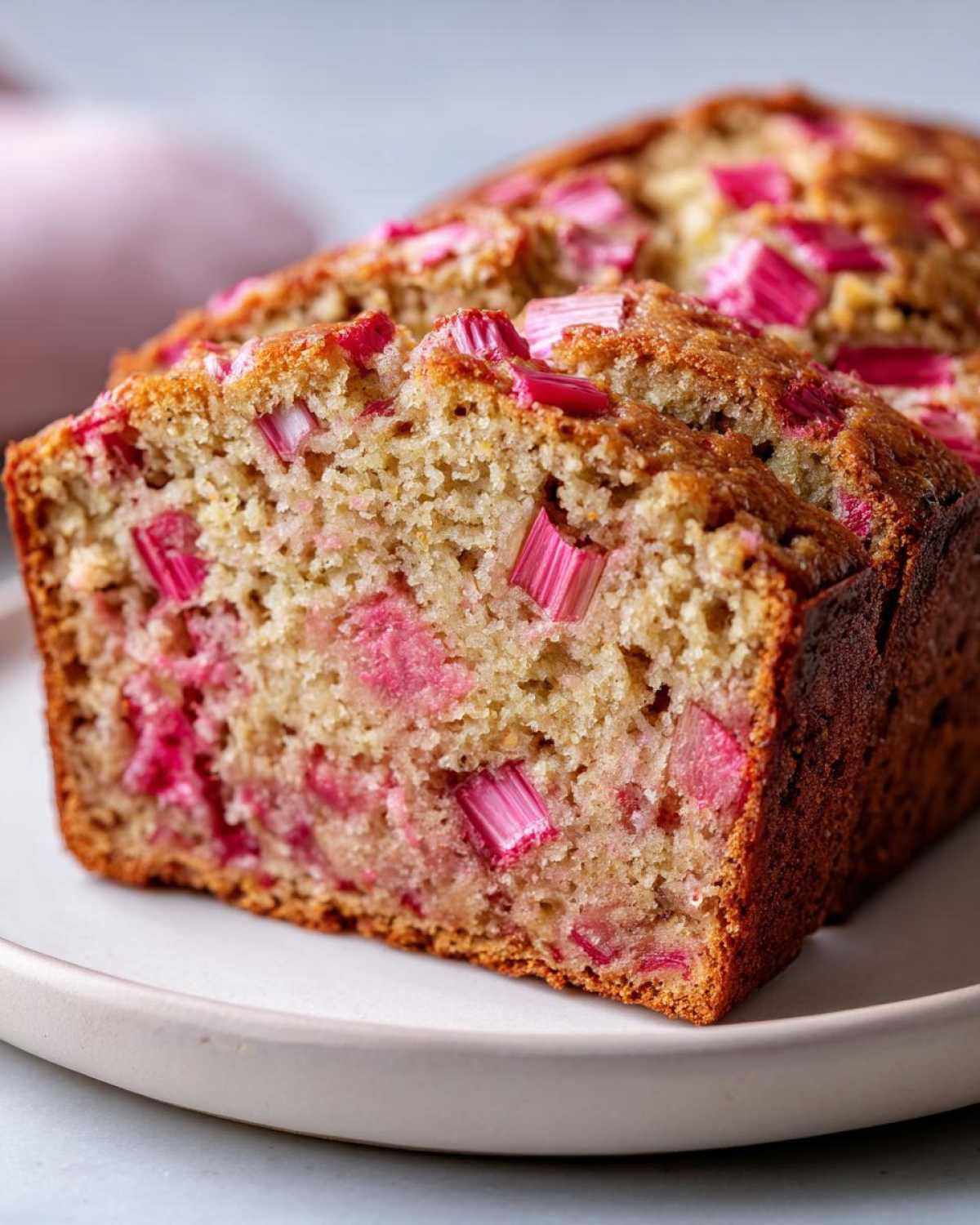 A close-up view of a freshly baked Rhubarb Bread loaf, showing bright pink rhubarb pieces baked into the moist crumb.
