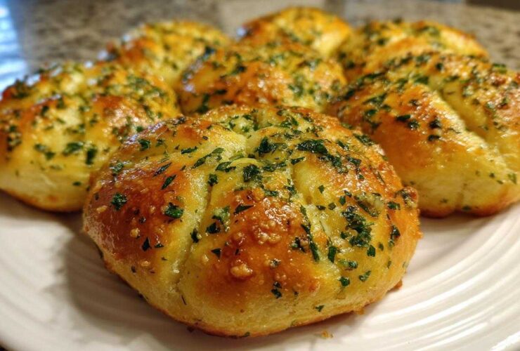 Close-up of several golden brown, soft Garlic Knots glistening with butter and topped with fresh chopped parsley.