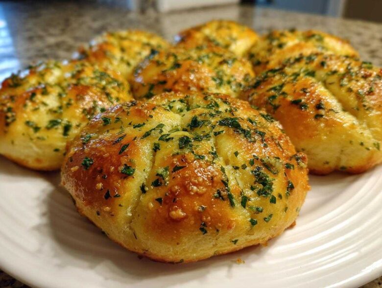 Close-up of several golden brown, soft Garlic Knots glistening with butter and topped with fresh chopped parsley.