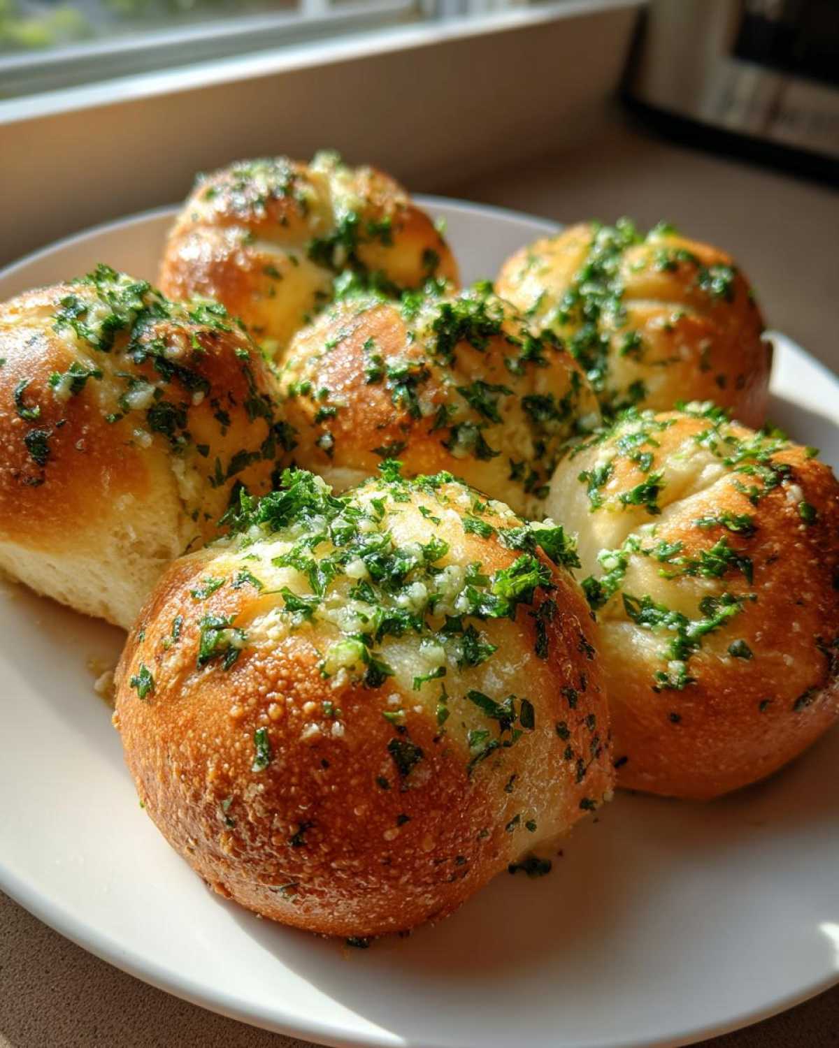 A plate of freshly baked, golden brown Garlic Knots generously topped with melted butter, minced garlic, and fresh chopped parsley.
