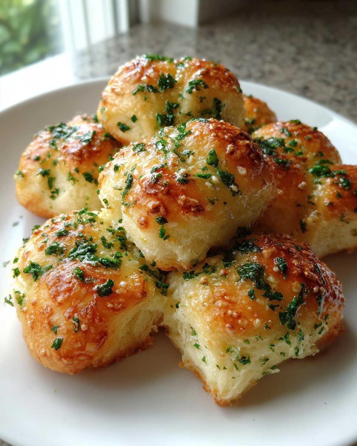 A close-up of several soft, golden-brown Garlic Knots piled on a white plate, glistening with butter and topped with parsley.