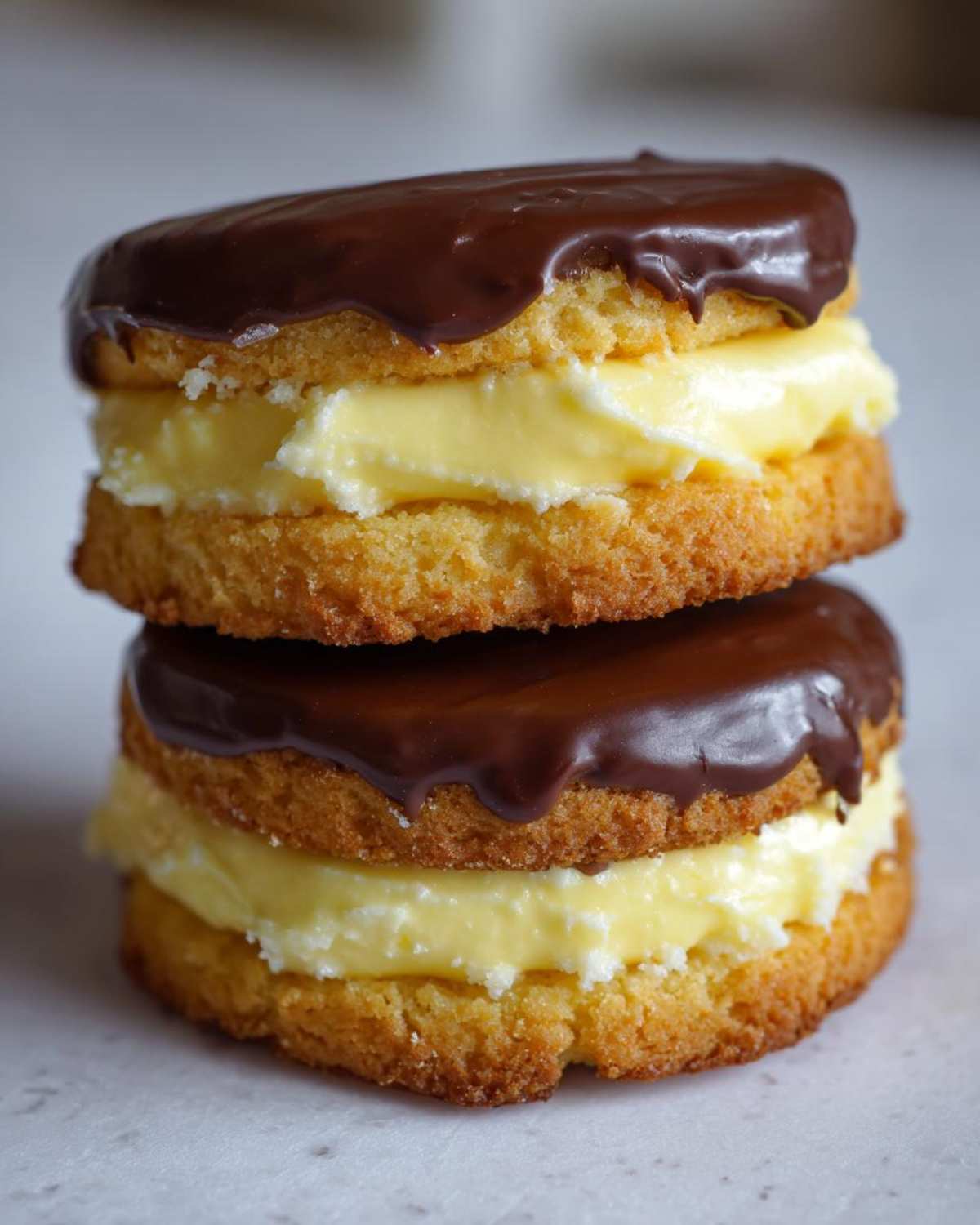 Two stacked Boston Cream Pie Cookie Bites featuring yellow cake layers, vanilla cream filling, and a dark chocolate glaze.